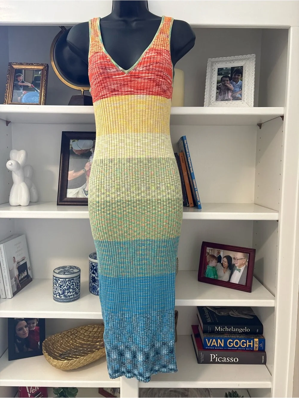 STAUD Multicolor Gradient Stripe Knit Midi Dress — Yellow, Green, Blue - Picture 2 of 4